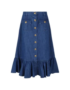 Blue denim midi skirt