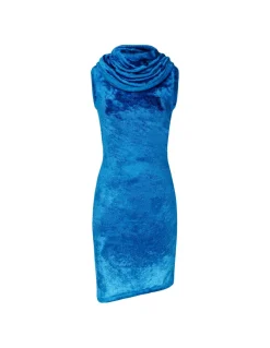 Blue shiny velvet mini hood dress