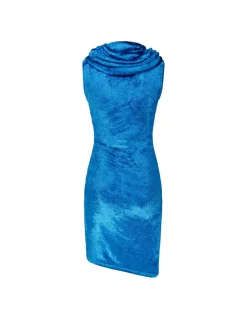 Blue shiny velvet mini hood dress