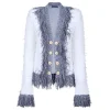 Collarless metallic fringed tweed jacket