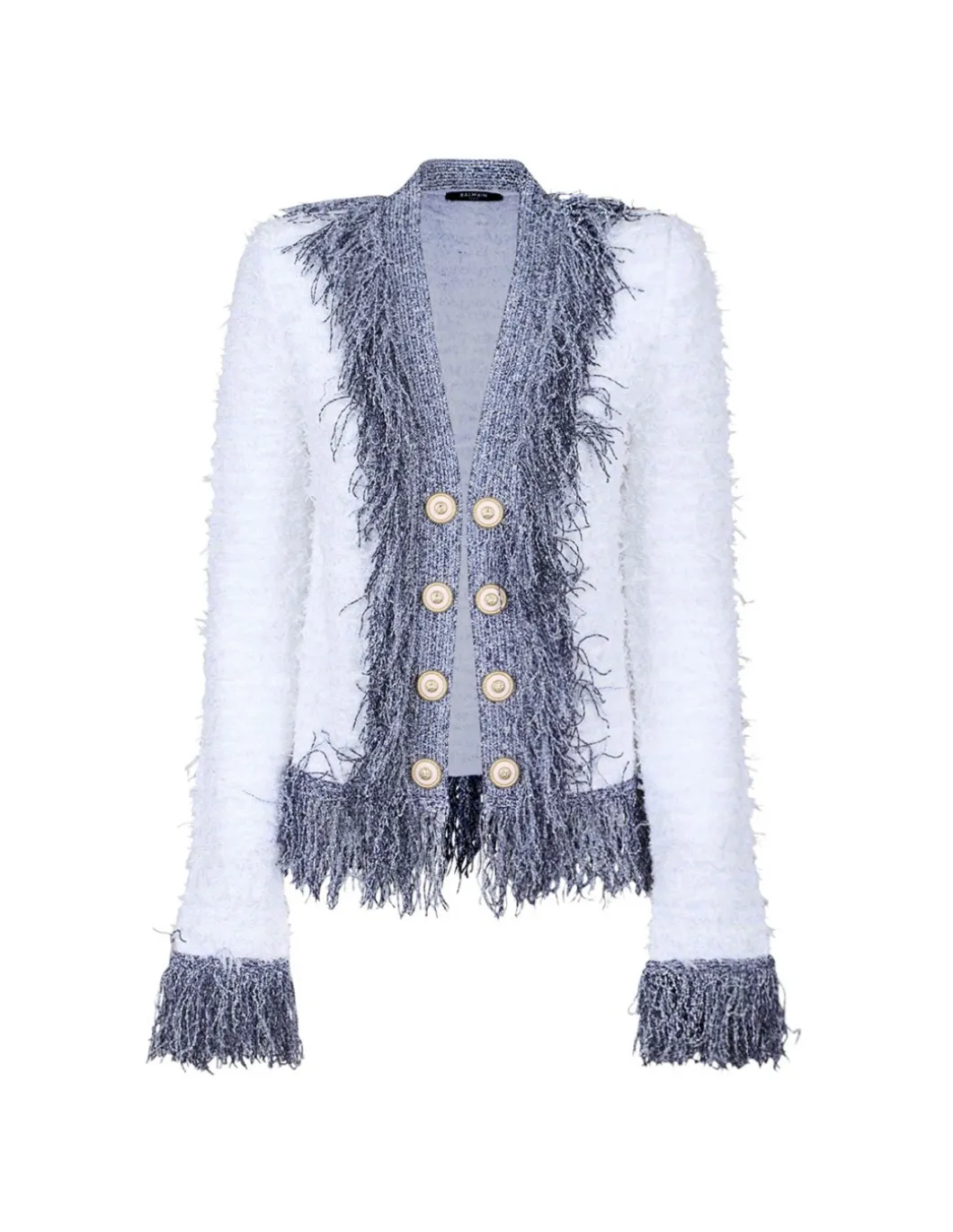 Collarless metallic fringed tweed jacket