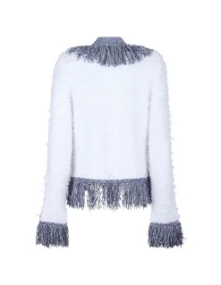 Collarless metallic fringed tweed jacket