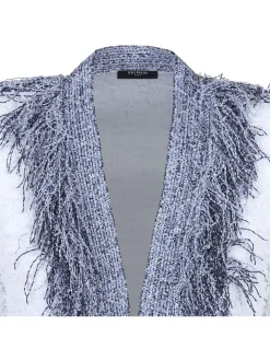 Collarless metallic fringed tweed jacket