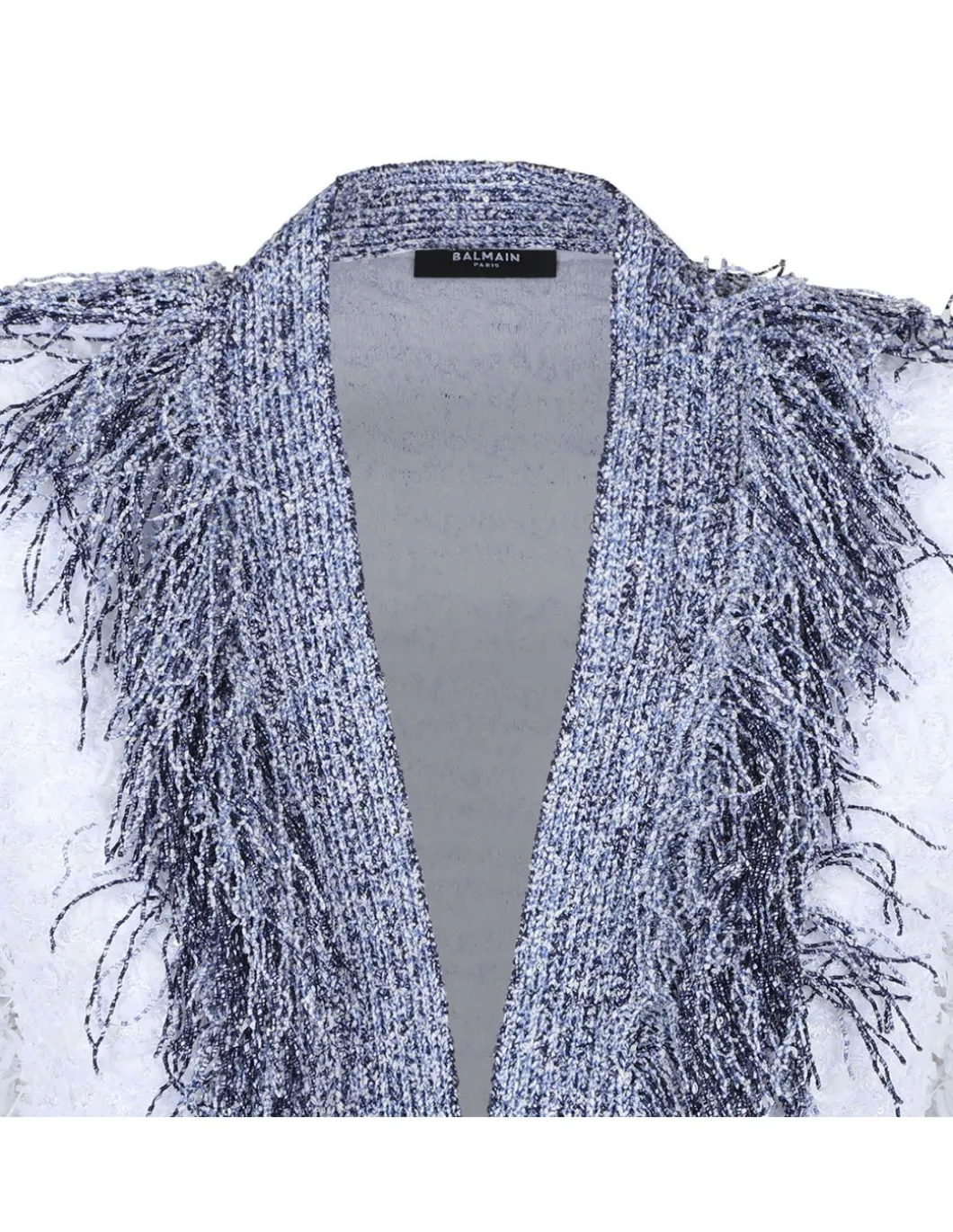 Collarless metallic fringed tweed jacket