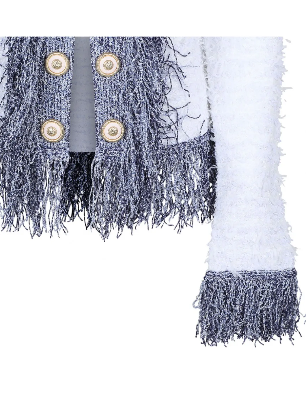 Collarless metallic fringed tweed jacket
