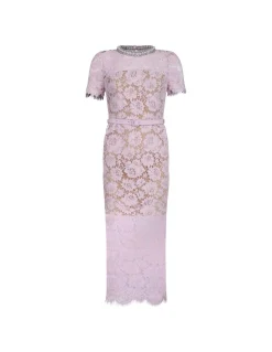 Pink fine lace pearl midi dress
