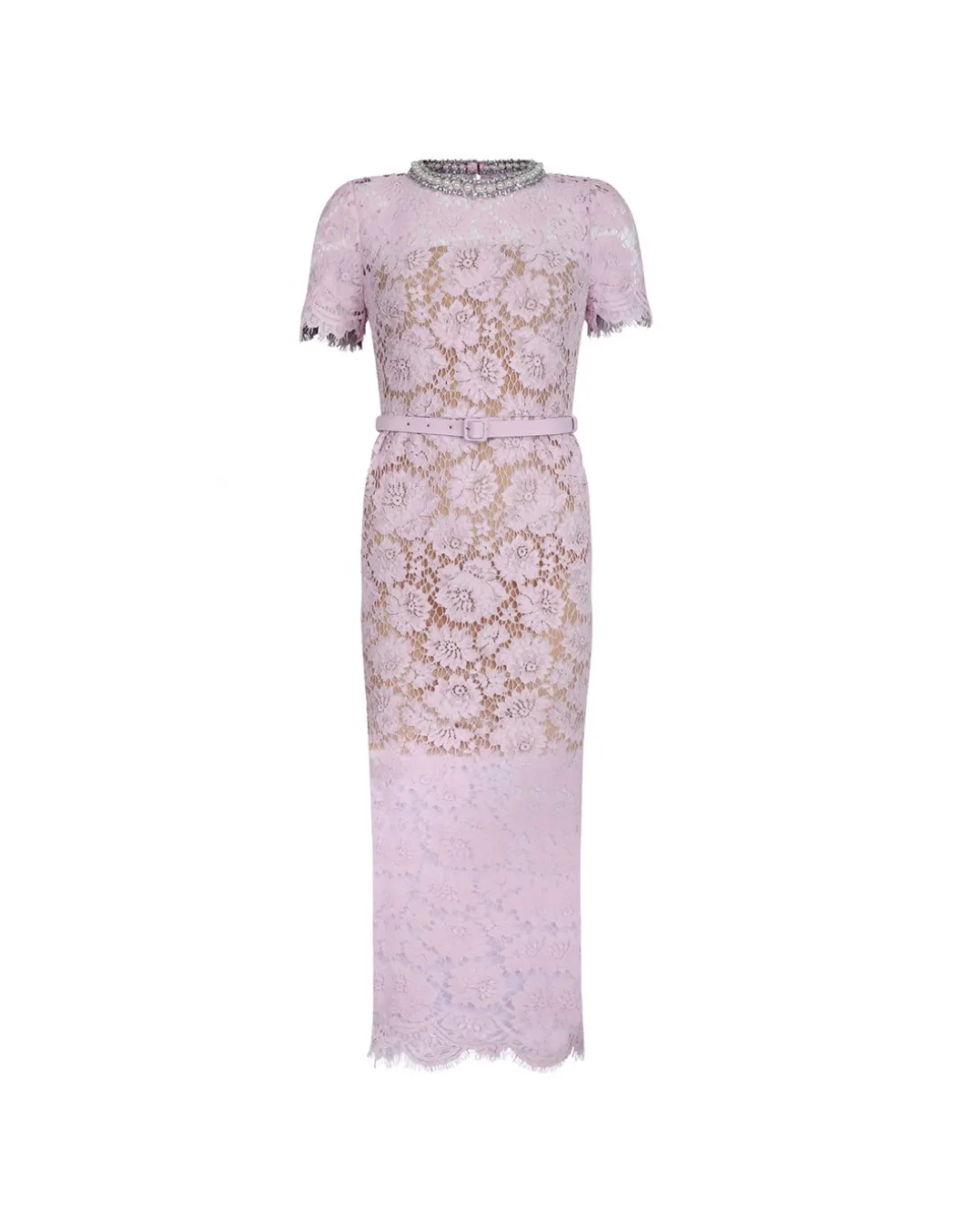 Pink fine lace pearl midi dress