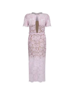 Pink fine lace pearl midi dress