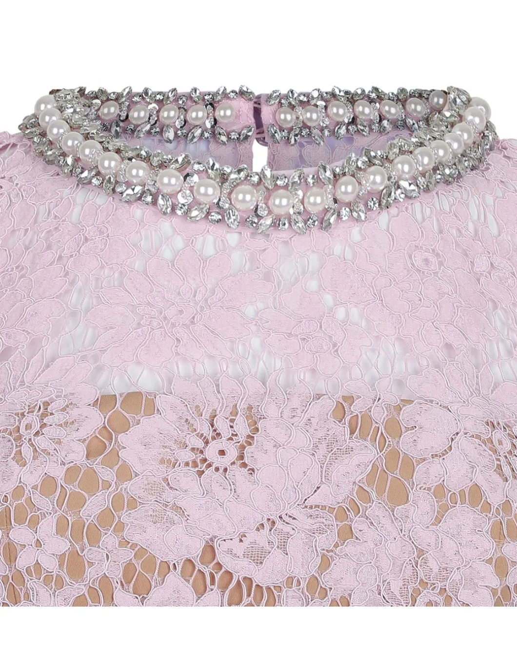 Pink fine lace pearl midi dress