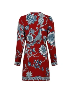 Red tropical landing wrap mini dress